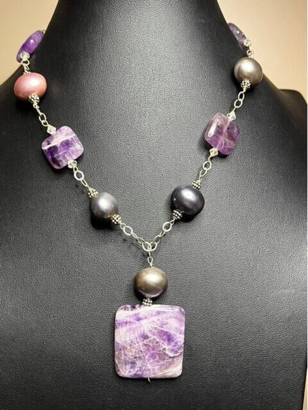 B7018 Amethyst Faux Pearl Necklace Sterling Silver Tone Drop Pendant 18"